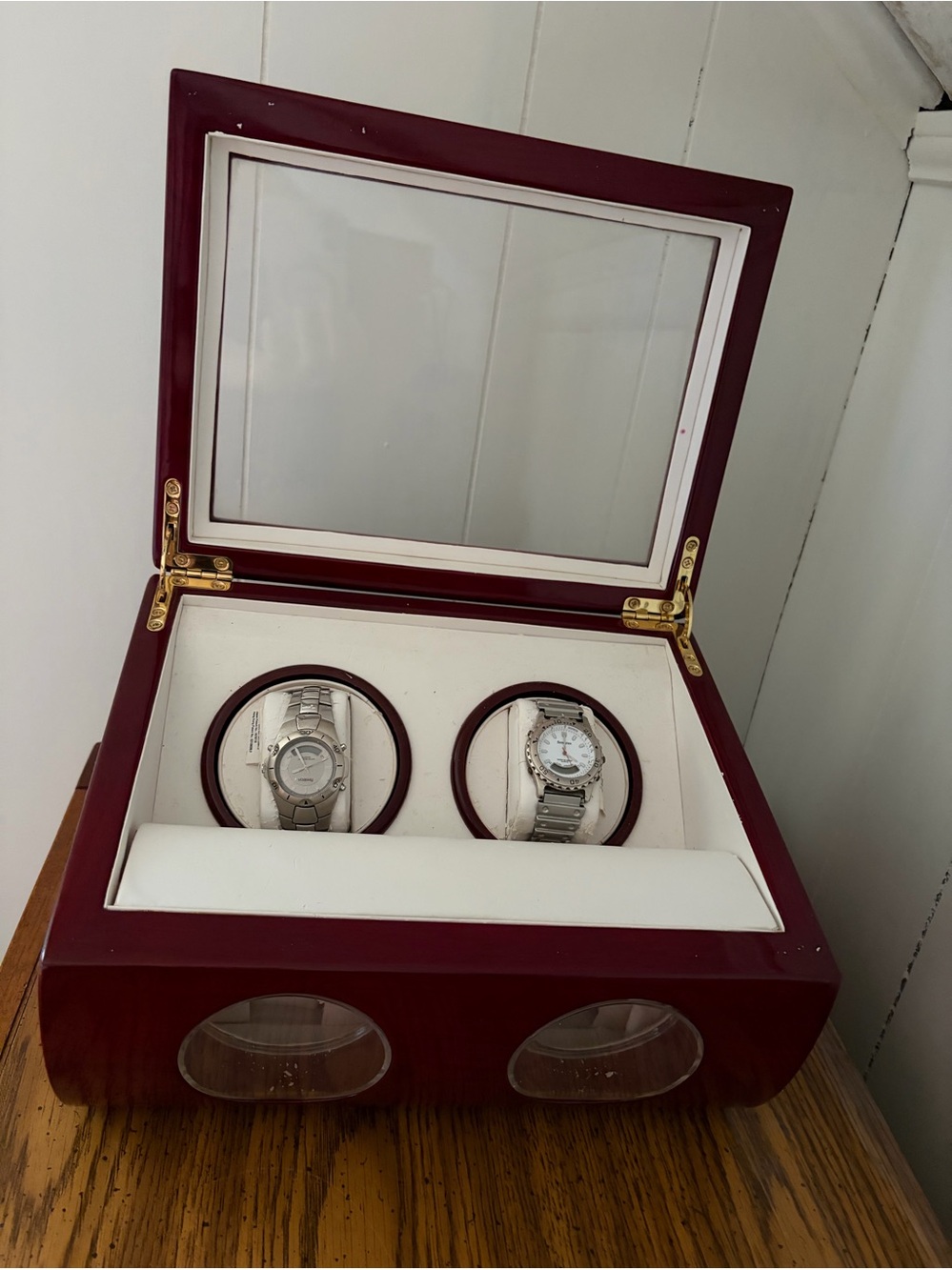Watch Winder Box, 4-Slot, Lacquered Wood, Glass Display, Automatic
